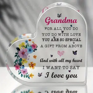 Grandma Gift from Grandchildren - Elegant Heart-Shaped Acrylic Keepsake with Name & Photo Frame Slot, Floral & Butterfly Cutouts - Birthday, Mother's Day