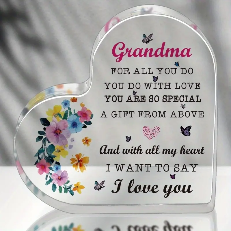 Elegant Heart-Shaped Acrylic Decorative Plaque & Sign - Custom Name Grandma Gift from Grandchildren with Iron Accent, Floral Cutout, Butterfly Cutout, Photo Slot, Wall Mount for Birthday Home Decor, Signs