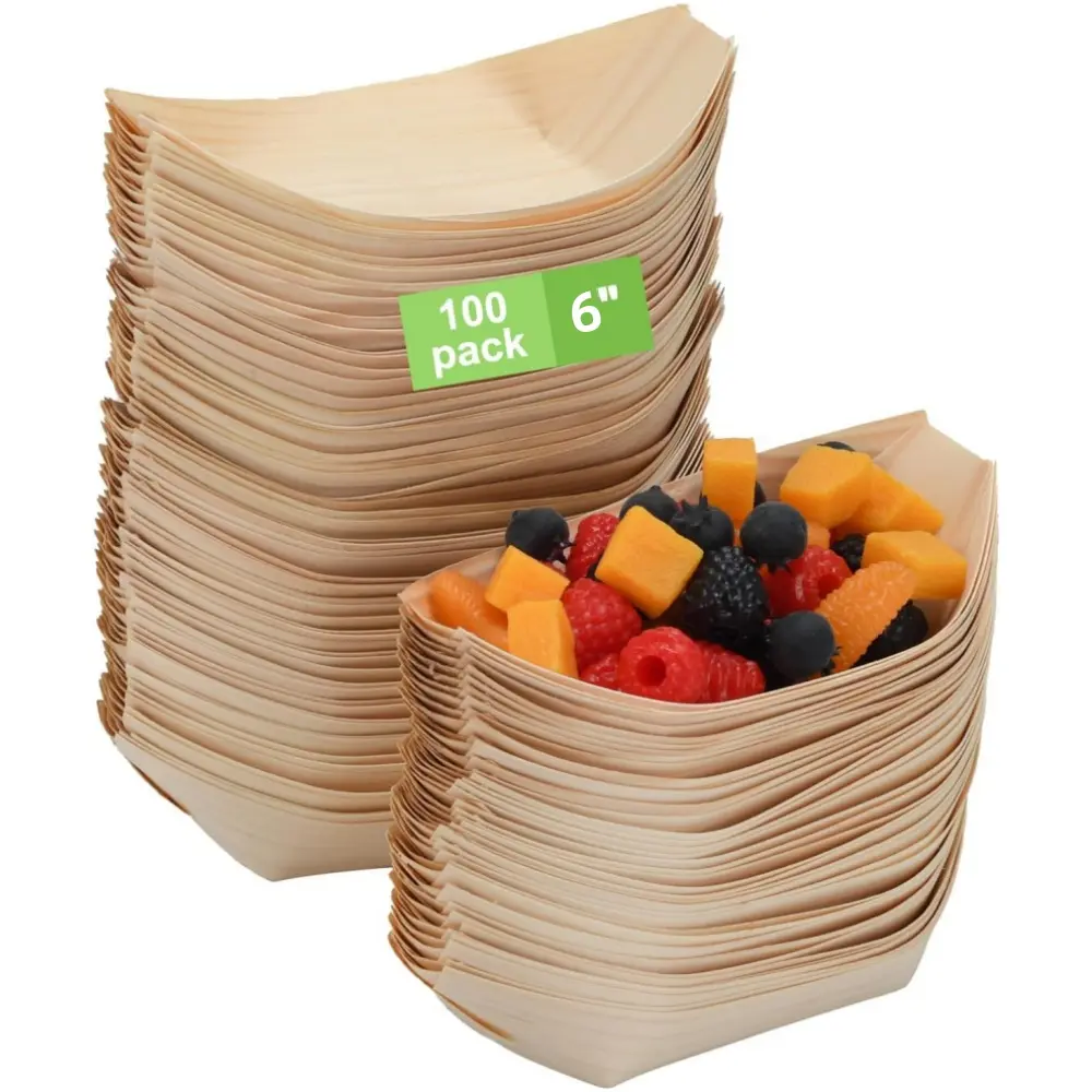 100 piece Disposable Serving Tray Biodegradable Sushi Boat Serving Tray Wood Boat Plates/Dishes for Appetizers Desserts