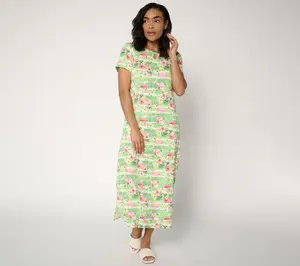 Quacker Factory Pink Flamingos Rhinestone Keyhole Printed Maxi Dress