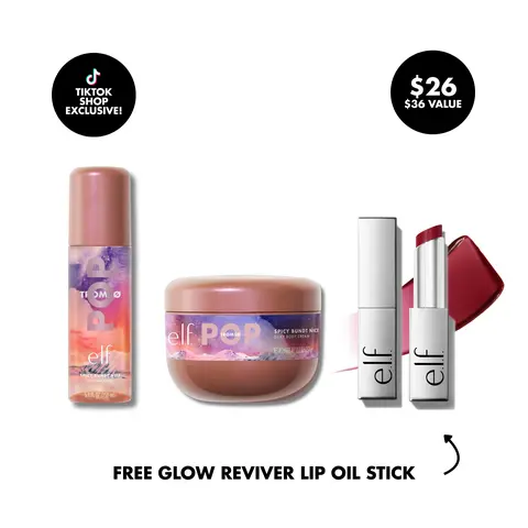 e.l.f. POP Tromsø Holiday Body Care + Lip Bundle - Body Fragrance Mist + Silky Body Cream, Spicy Gourmand Fragrance, Hydrating Lip Oil Stick