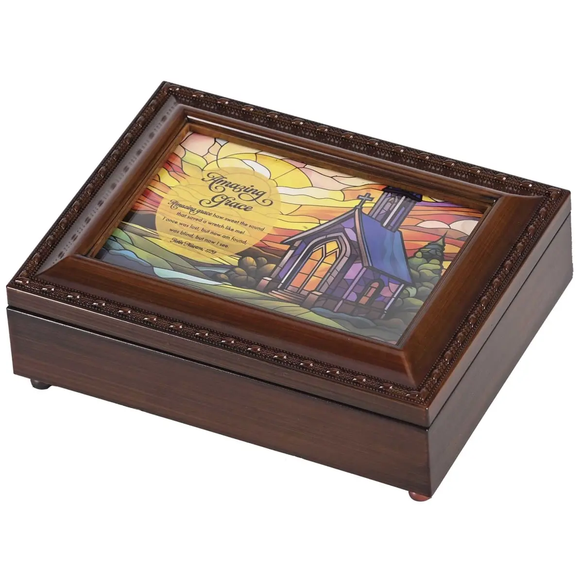 Traditional Polymer-Metal Church Music Box with 8 x 2-3/4 x 6 in Multi-Compartment, 360-Degree Stand, Amazing Grace Tune, Glass Home Decor, Artwork Display, Adult Baptism & Birthday Gift