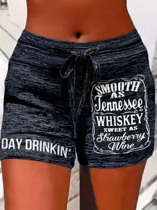 Plus Size Letter Print Drawstring Waist Shorts, Casual Comfy Straight Leg Fit Shorts for Daily Wear, Women's Bottoms for Summer Jersey Day