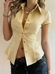 Women's Summer Short Sleeve Plaid Shirt, New Waist Cinching Slimming Top, Fashionable Ladies Blouse for Casual Wear