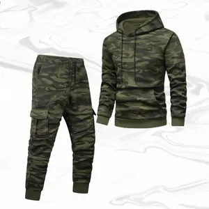 Men's Camouflage Hoodie Long Sleeve Pullover, Cuffed Jogger Pants Set, Casual Fashion Loose Tracksuit