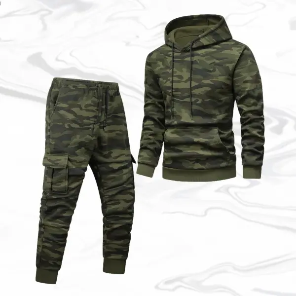 Men's 2-Piece Camouflage Sweatsuit, Casual Athletic Style Set with a Loose Fit Polyester Knit Pullover Hoodie and Joggers, Athletic Style Activewear, Casual Sweatsuits, Long Sleeve Shirt, Drawstring Hood, Jogger Pants