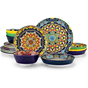 16 count Plates and Bowls Set, Bohemian Style Dinnerware Sets Service for 4, Porcelain Boho Dishes Set for Kitchen, Housewaring , Dishwasher and Microwave Safe, Series KRVI