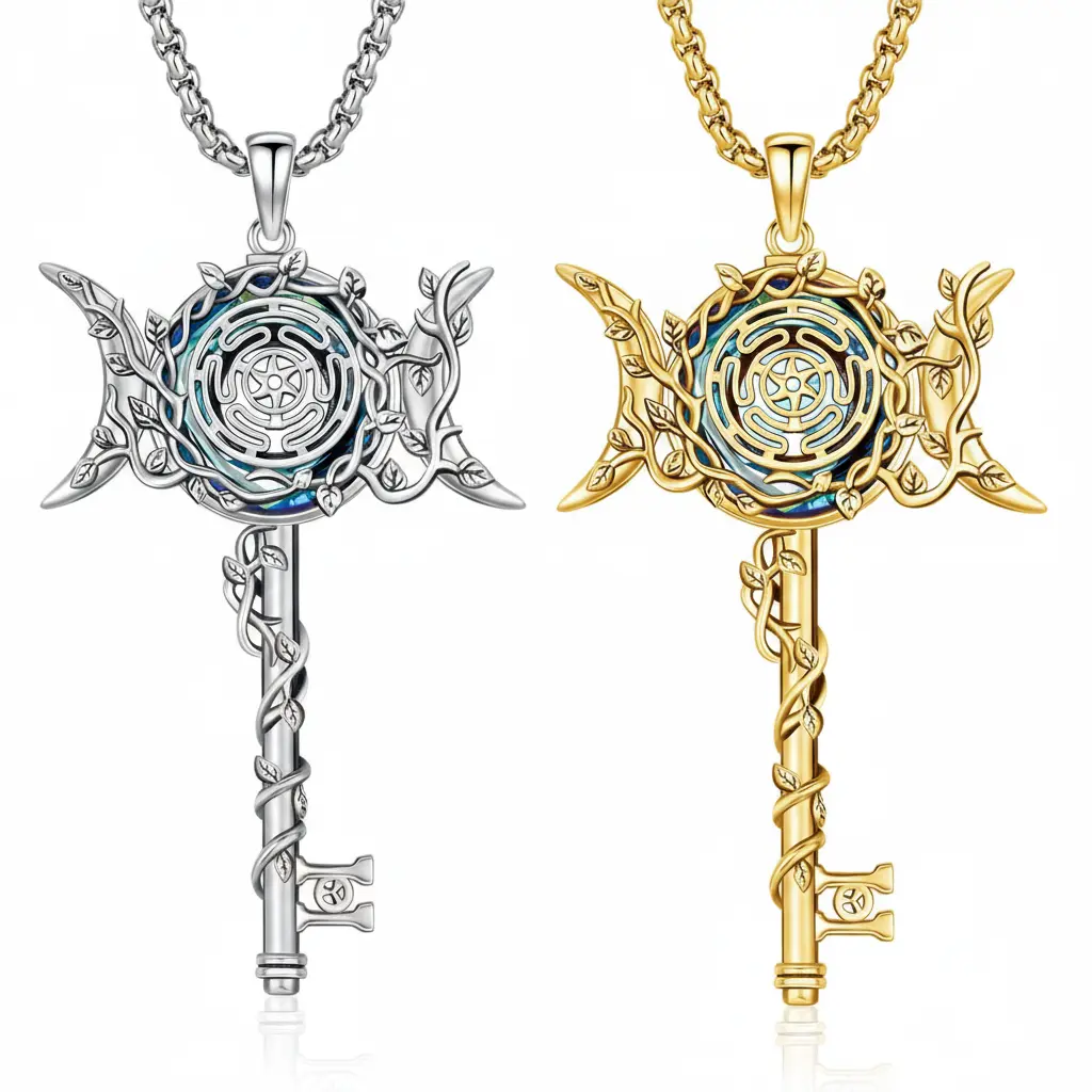 Drinsper 925 Sterling Silver Hecate Key Necklace Hekate Triple Moon Goddess Pentagram Wheel Key Pendant Hecate Wiccan Pagan Magic Witchcraft Tetragrammaton Amulet Jewelry Gifts for Women Men