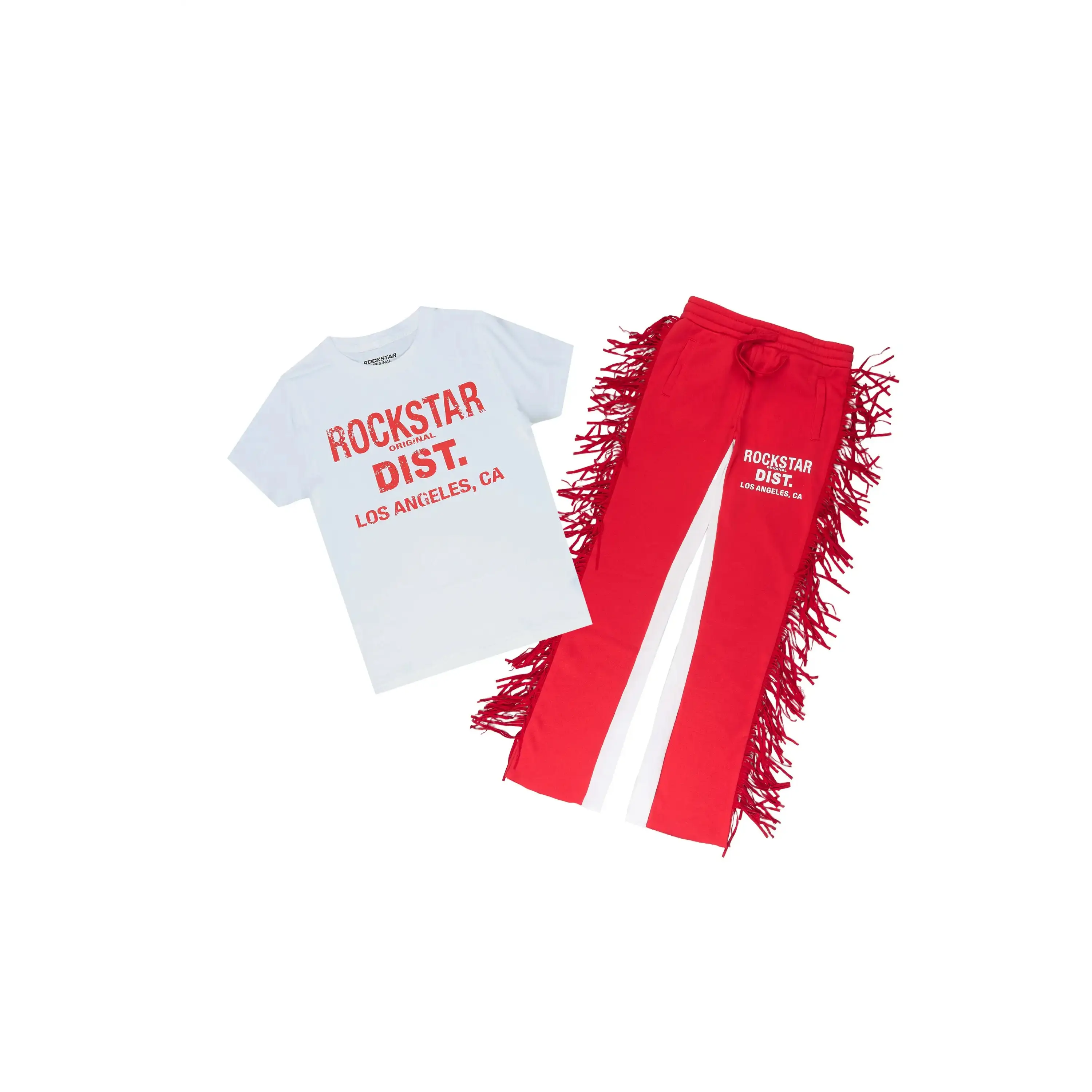 Girls Jannyk White/Red T-Shirt/Fringe Stacked Pant Set