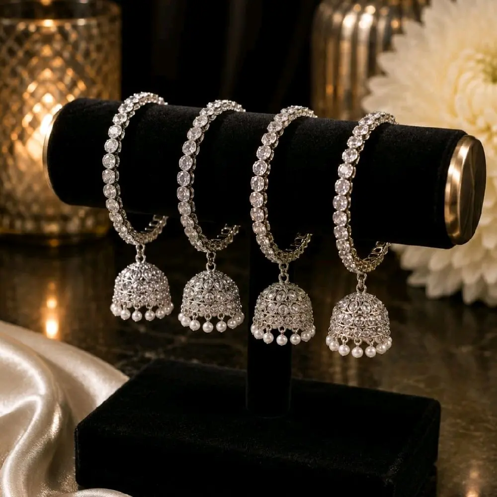 Silver Polki Bangles with Jhumki Accents (Set of 4)