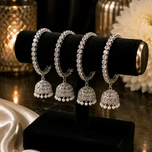 Silver Polki Bangles with Jhumki Accents (Set of 4)