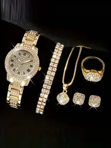 5-piece fashionable and avant-garde Roman starry sky rhinestone steel strap watch and women's diamond bracelet quartz watch modern fashion watch