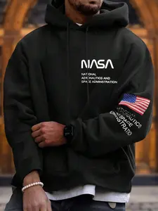 Men's Letter & Flag Print Drop Shoulder Hoodie, Fashion Casual Regular Fit Drawstring Pocket Hooded Sweatshirt for Daily Holiday Outdoor Wear, Men Clothes for Fall & Winter