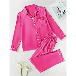 Valentine’s Day Two-Piece Set: Women’s Solid Satin Pajama with Contrasting Piping — Long-Sleeve Lapel Button-Front Shirt & Elastic-Waist Pants PJ Set, Casual Comfortable Sleepwear for Women
