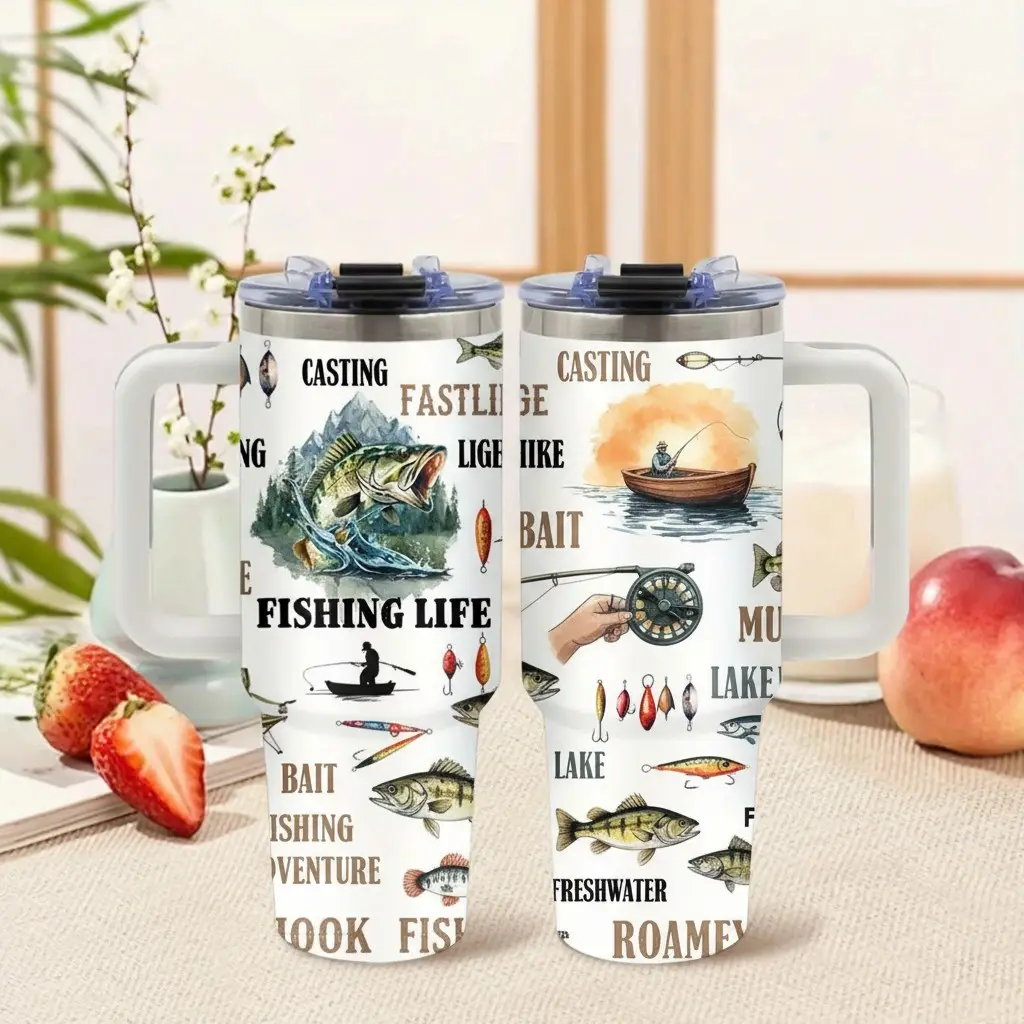 1-Pack 40oz Stainless Steel Fishing Tumbler with Handle, Lid & Straw - BPA-Free, Leak-Proof, Fish Design with Lures & Hooks - Car & Home Use, Father’s Day/Birthday Gifts for Men, Fishing Enthusiasts