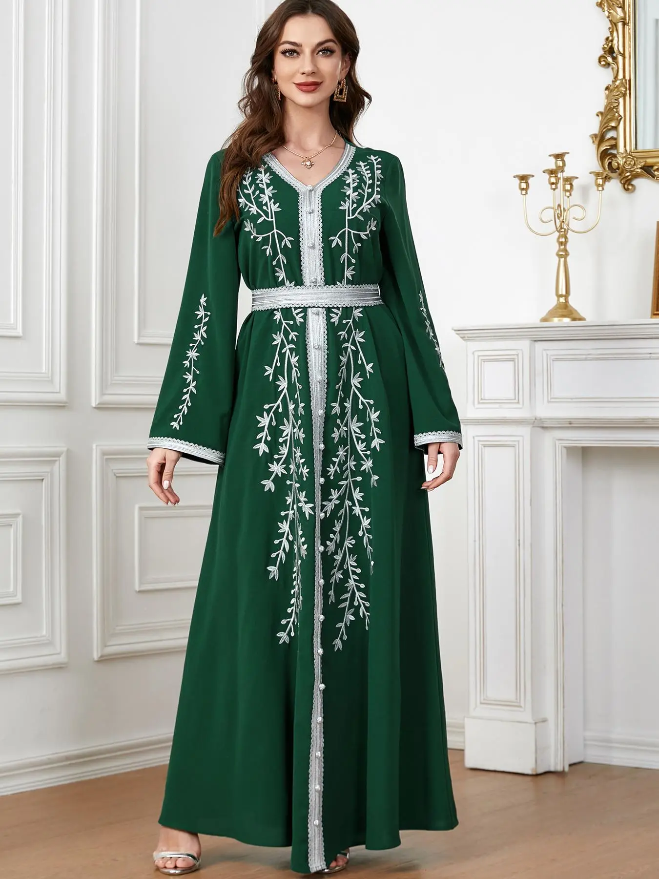 Arabic Clothing-appliques Embroidered Button Decor Short Sleeve V Neck Long Dress, Elegant Maxi Dresses for Spring Summer Fall, Modest Dresses