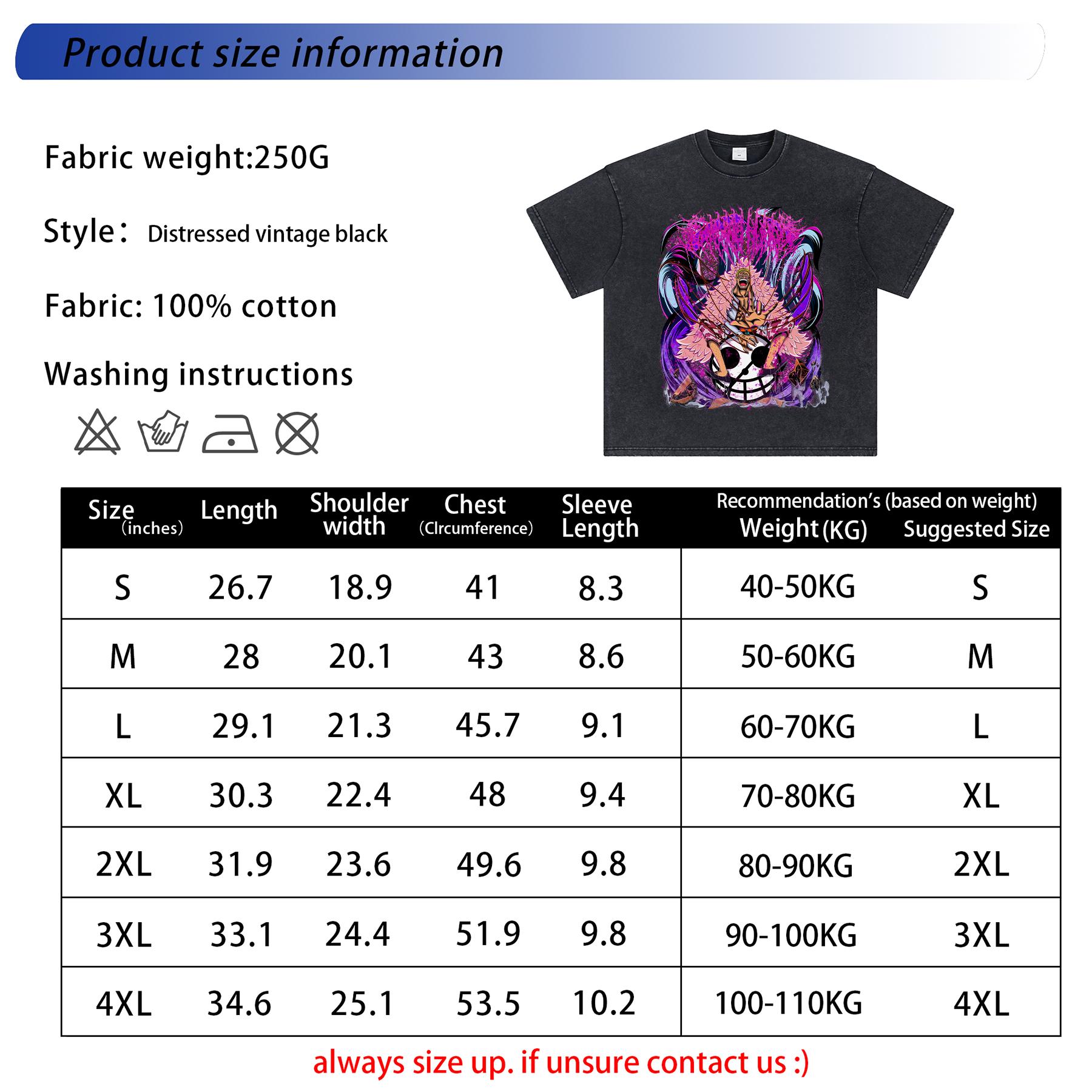 doffy Washed Tee – One Piecee Anime Doflamingo Manga Graphic Front Printed T-Shirt, Menswear Heavy Cotton Unisex Oversize Streetwear Vintage Anime Tee
