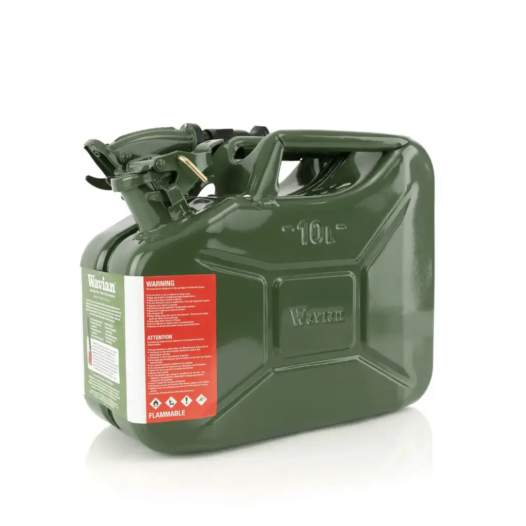 Wavian USA Fuel Container 10L Stainless Steel Army Green | Jerry Can Style, Flexible Spout Included, Secure Locking Cap, Carry Handle, Fuel Storage