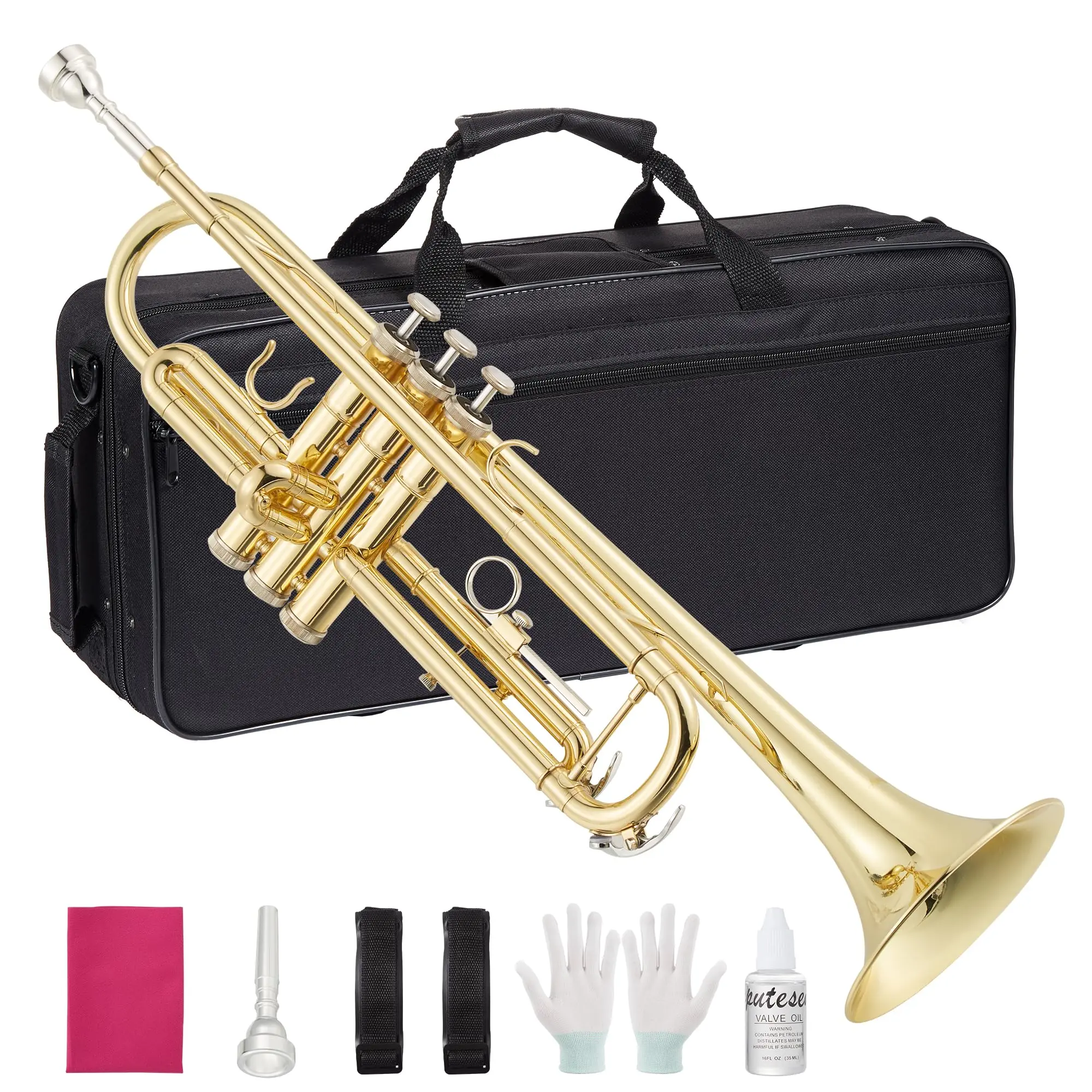 Professional Standard Trumpet for Beginners & Students - Gold Lacquer Brass with Hard Case, Mouthpiece, Cleaning Kit, Gloves & Polish Cloth Groove Time Musical Instrument