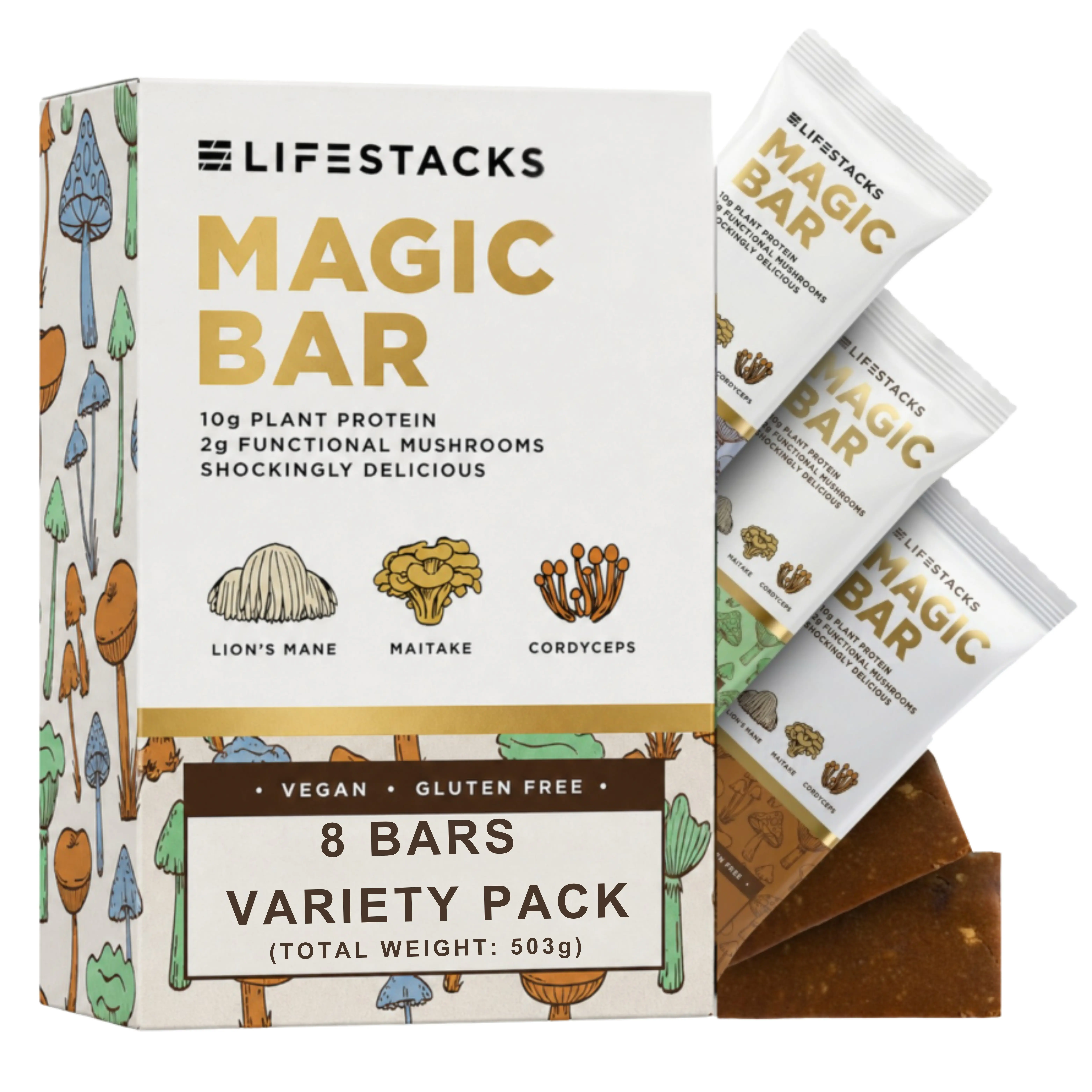 Lifestacks Magic Bar — Superfood Snack with 2g Functional Mushrooms, 10g Plant‑Based Protein & 4g Fiber — Vegan, Gluten‑Free, Nutrient‑Dense Peanut Butter Energy Bar