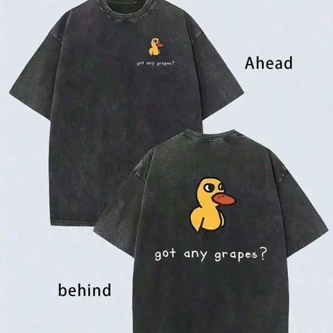 2026 Summer TopsMen's Vintage Heavyweight Washed T-Shirt With Funny "Get Any Grapes?" Duck Graphic & Back Print - Soft Breathable Oversized Streetwear Tee, Loose Fit Casual Shirt For Casual Attire (, Machine Washable) Edgy Street Style Fashion,#sohochic
