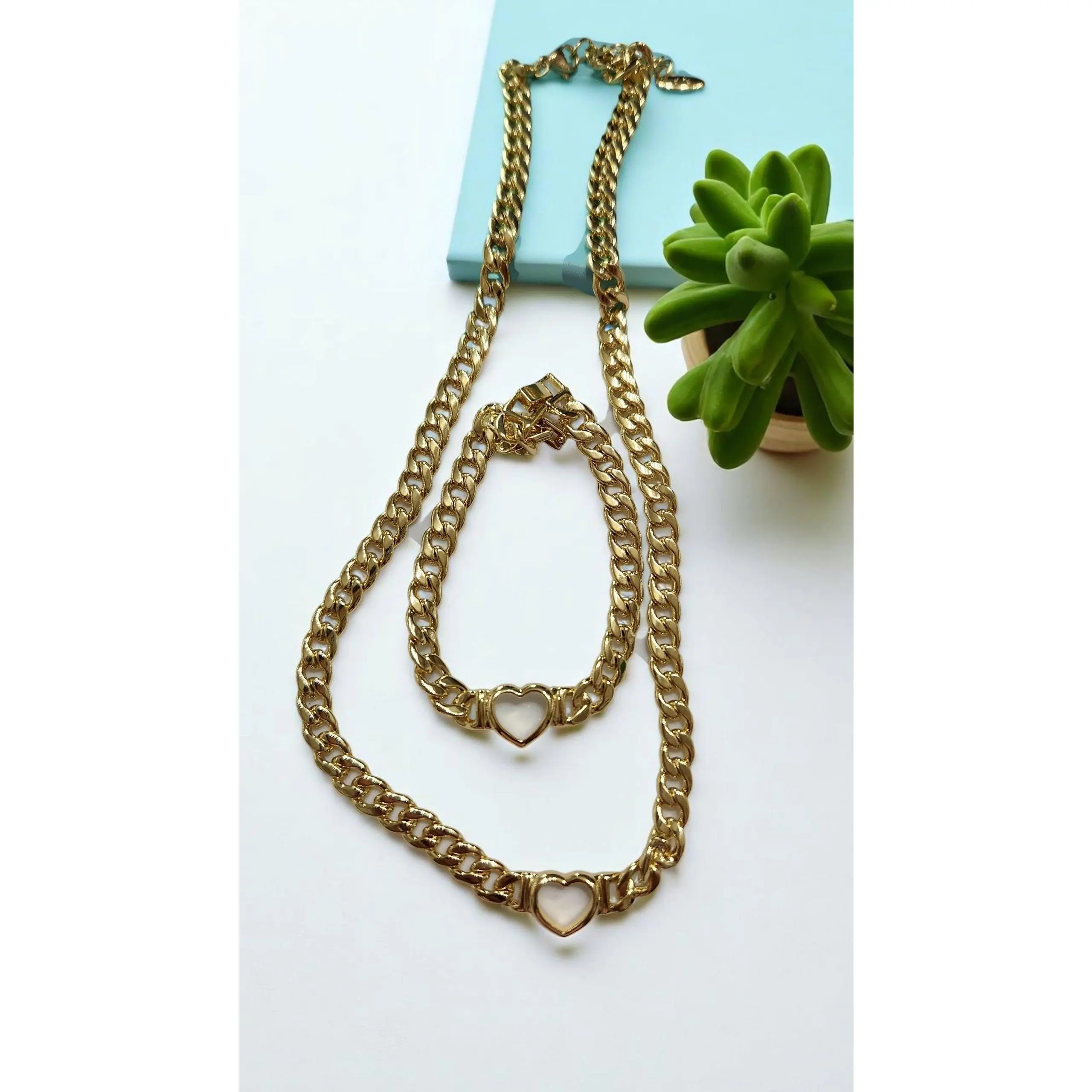 Heart Cuban Style Chain & Bracelet 45cm