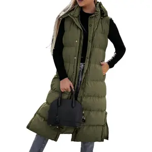 PiePieBuy Women's Hooded Puffer Vest Long Quilted Sleeveless Button Down Cotton Padded Jacket  Winter Coat