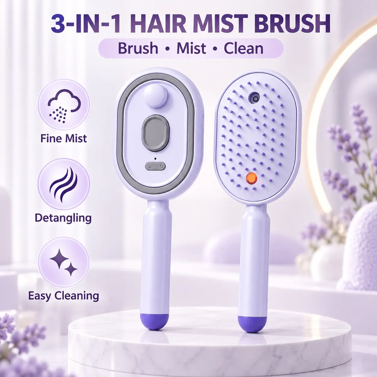 3-in-1 Electric Spray Hair Brush with Fine Mist, USB-C Rechargeable Self-Cleaning Detangling Hairbrush, Gentle Scalp Massage Comb with Rounded Bristles, Portable Anti-Frizz Hair Styling Tool for Women, Purple