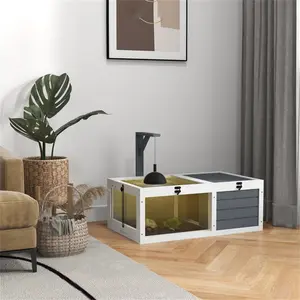 Tortoise Habitat, Wooden Tortoise House, Indoor Outdoor Tortoise Enclosure With Lamp Holder, Pull-Out Waterproof Trays, Openable Lids, Gray