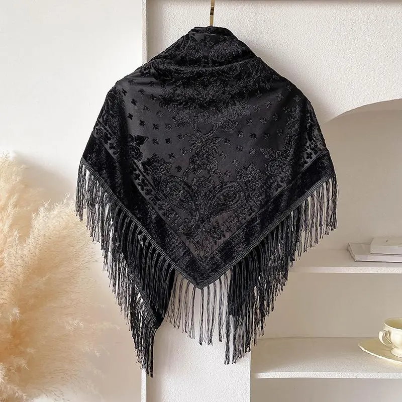 New Spring and Summer Brand 110X110cm Retro National Style Velvet Jacquard Fringe Square Scarf Fashion Sunscreen Lady Shawl