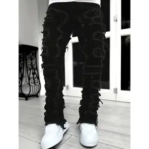 Men’s hip-hop straight-leg street fashion stretch denim pants with patches — skinny fit