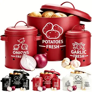 VAETTLO Kitchen Vegetable Storage Set of 3, Potato Onion Garlic Storage Jar, Metal Vegetable Fresh-Keeper Container, Kitchen Pantry Organizer Jars with Lid And Aerating Holes