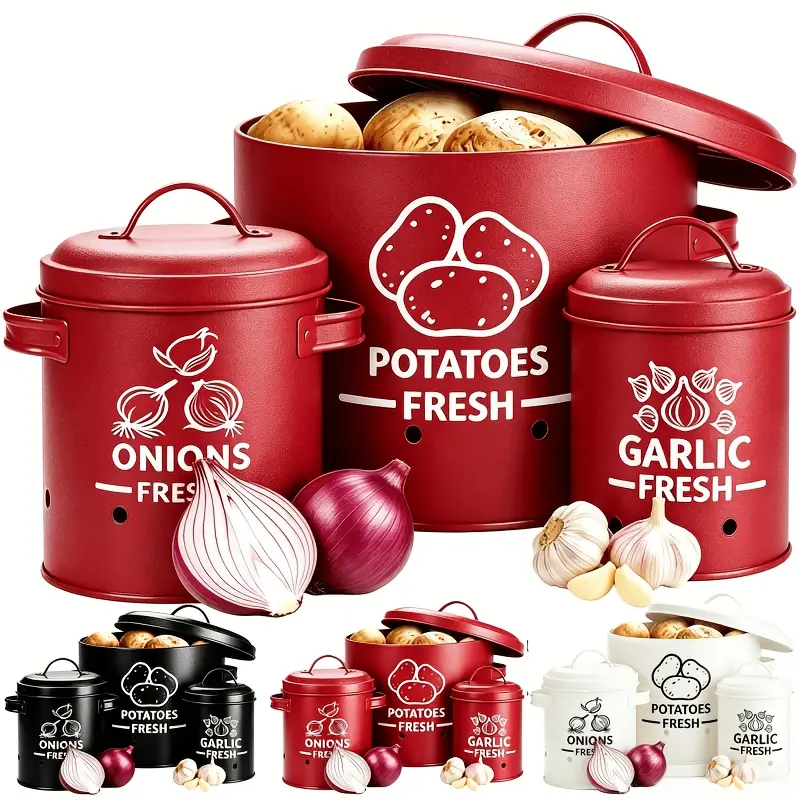 VAETTLO Kitchen Vegetable Storage Canister Set (3-Piece) - Potato, Onion, Garlic Preservation Containers, Metal Utility Fresh-Keeper Jars with Lids and Aerating Holes for Pantry Organization
