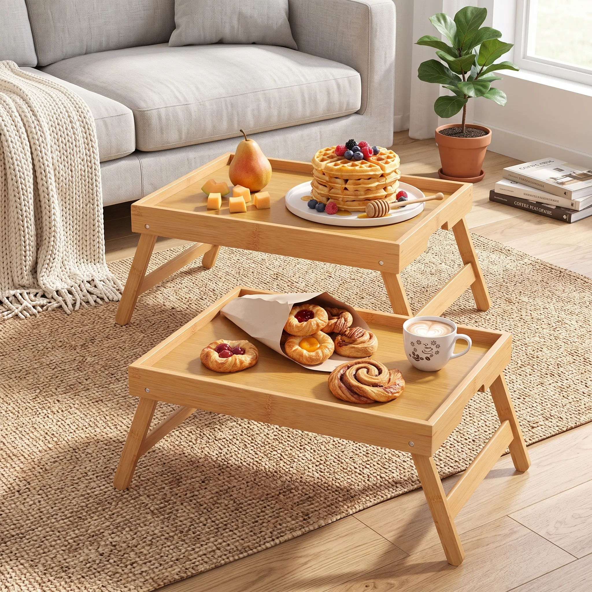 2 Pack Bamboo Bed Tray Table with Folding Legs Breakfast Serving Laptop Tray