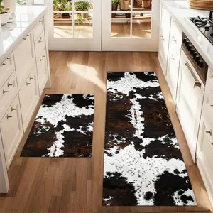 Flannel 2Pcs Cow Fur Texture Print Floor Mat Set for Farmhouse Kitchen Restaurant Laundry Room Decor Decorative Rugs