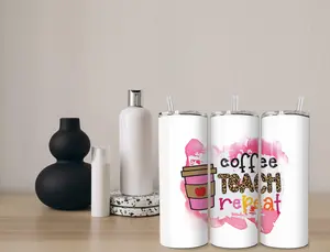 Coffee Teach Repeat 20 oz. skinny tumbler with leak-proof slide closed lid, non-skid bottom, straw and straw cleaner brush in gift box