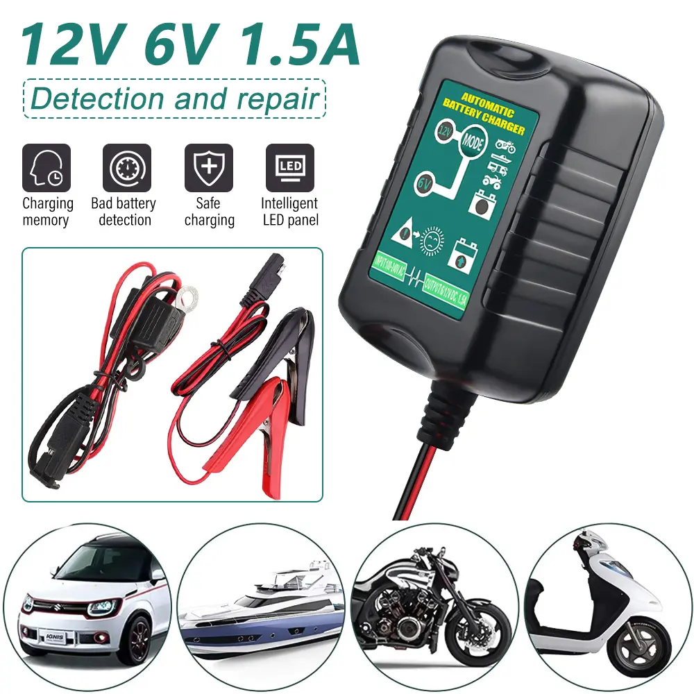【DealsForYouDays】6V 12V Car Battery Charger, 1.5A Smart Fully Automatic Battery Charger Maintainer,Float Charger for auto car Motorcycle Lawn Mower Boat Snowmobile Trickle Charger for Car, Lawn Mower, Motorcycle, Boat, Marine