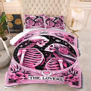Skull card pattern quilt, including 1 quilt and 1 or 2 core-free pillowcases, suitable for home or dormitory decoration, very suitable Day of the Dead gift