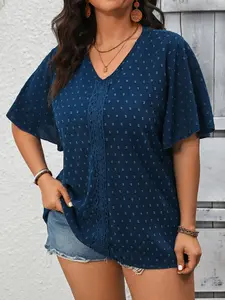 Women's Plus Size Navy Blue V Neck Half Sleeve Blouse for Spring Summer Fall, Ladies' Clothes for Daily Wear, Casual Womenswear, T-shirts, Plussize Top, Plussize Clothes
