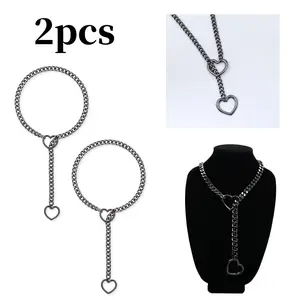 2 pack Stainless Steel Heart Slip Chain Necklaces O-ring Slip Chain Necklace For Women Cuban Long Handmade Necklace Adjustable Y-Necklace