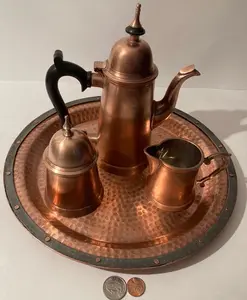 Vintage Metal Copper Tea Set On A Plate, 12" Wide, Heavy Duty, 4 1/2 Pounds, Hammered Metal, Kitchen Decor, Table Display, Shelf Display
