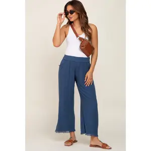 Navy Linen Frayed Hem Crop Maternity Pants