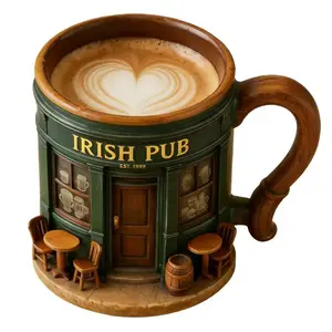 Irish Pub Theme 3D Resin Textured Cup with Handle, Drinkware, Vintage Design, Glossy and Wax Coating, Hand Wash Only, Reusable Coffee and Tea Mug