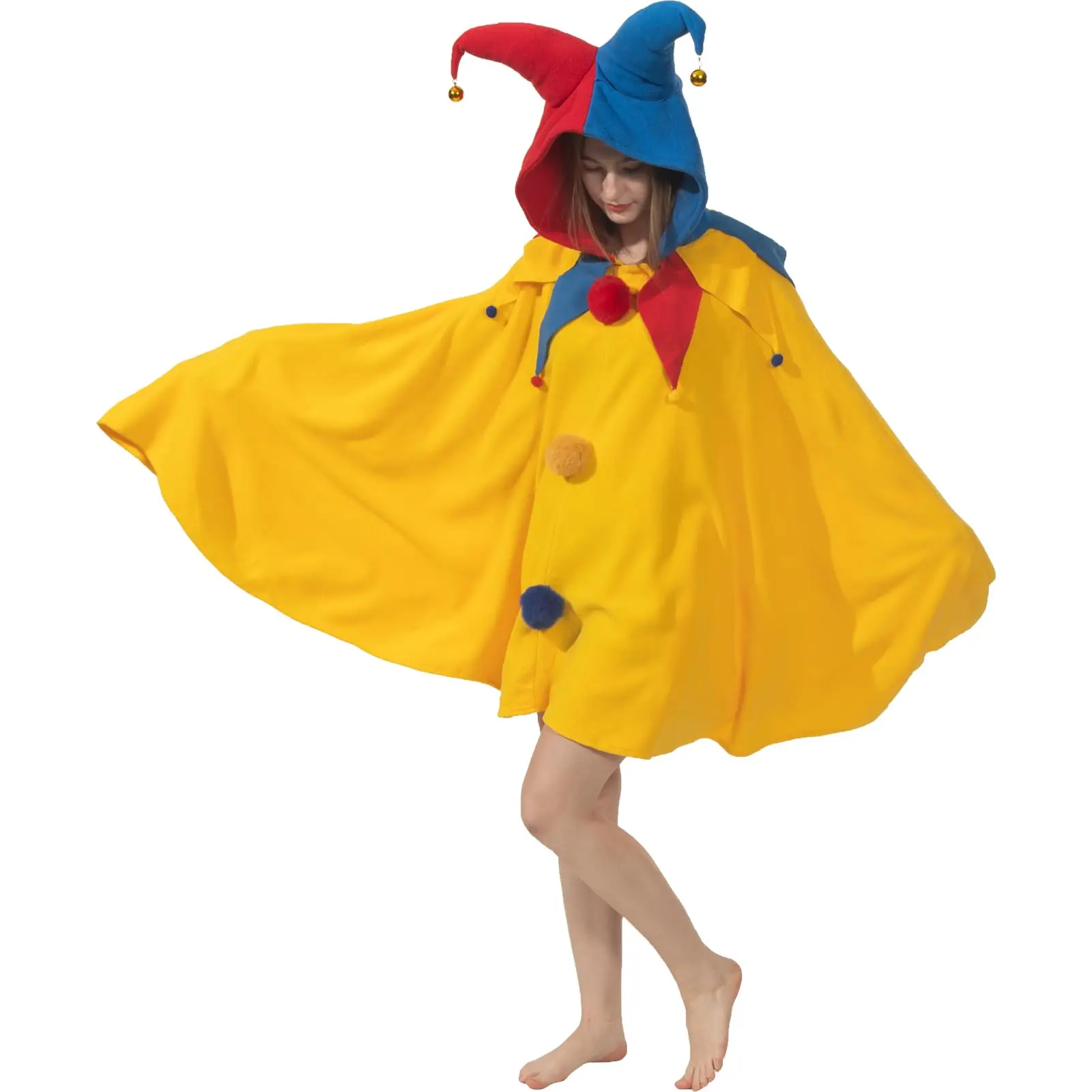 Women's Fluffy Polar Fur Jester Costume Coat - Women's Clothes, Clothes, Hooded Cape with 2 Bells, Basic Stylish Colorful Classic Plain Design, Comfortable Breathable Fit, Halloween Party Accessory
