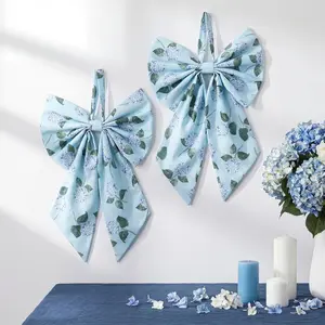 Suncalla 2 Pcs Spring Hydrangeas Wreath Bows 19.6'' x 11.8'' Large Tree Topper Blue Ornament Rustic Burlap Wreath Sash for Front Door Spring Party Yard Doorway Indoor Outdoor Wall Decor