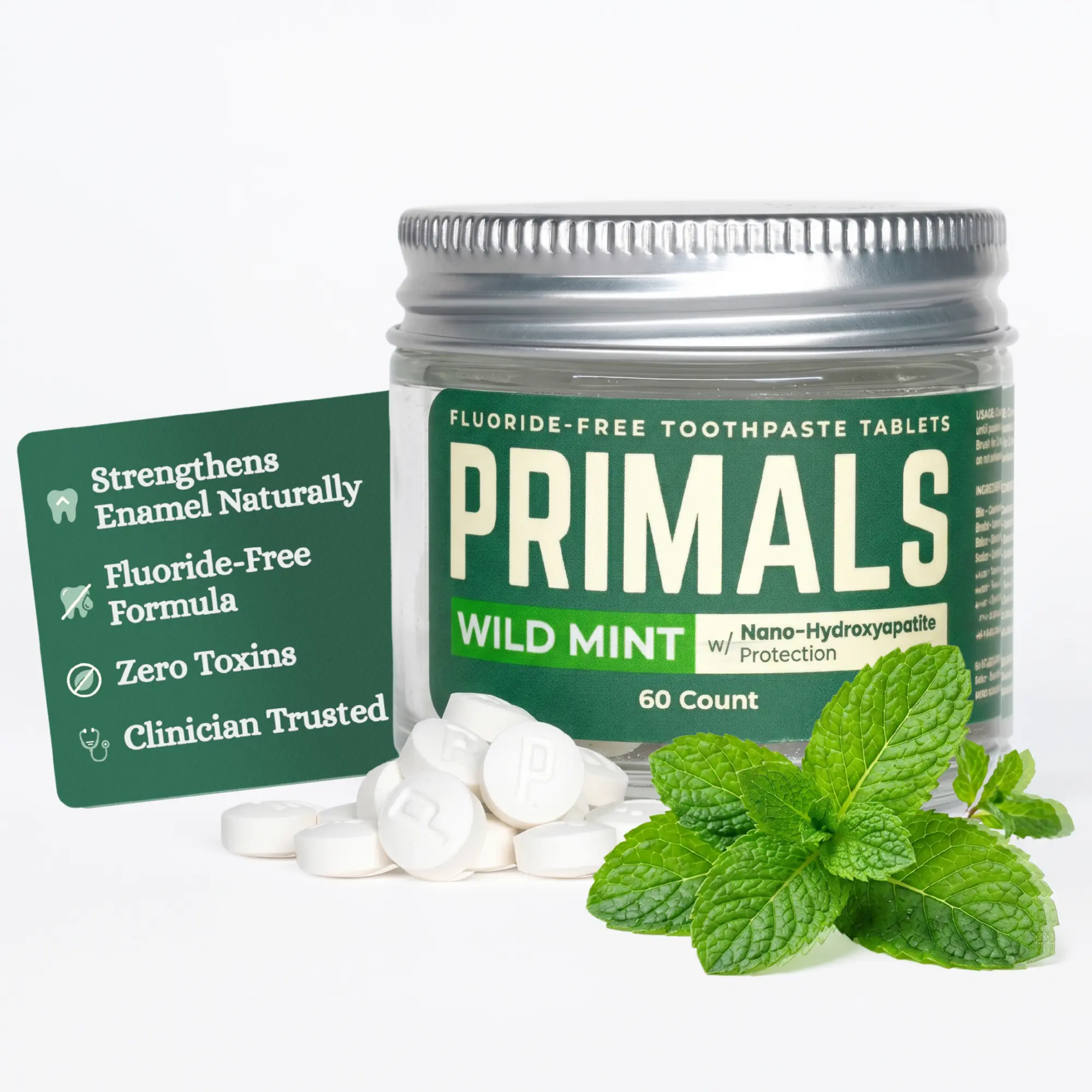 PRIMALS Fluoride-Free Toothpaste Tablets - Approved by 500+ Clinicians - Nano Hydroxyapatite - Zero Artificial Flavors or Plastic - Remineralizes & Whitens Teeth - 60 Count (1 Month Supply)