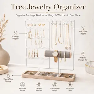 Jewelry Storage Rack - Jewelry Holder, Tree-shaped Earrings, Necklaces, Rings, and Bracelets Display and Storage Rack with 90 Holes, 12 Hooks, and 10 Wooden Bracelet Slots, Can Be Placed on Bedroom Dresser, Suitable for 2000+ People (DM140)