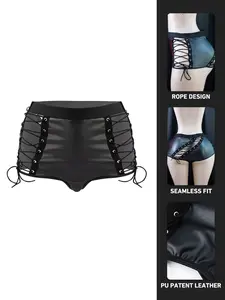 Women's Sexy Four-Way Stretch PU Leather Thong Panties, Comfortable Lingerie, High-Quality Buckle Design, Home Wear, Valentine's Day, Seamless Panty, Adjustable, Underwear