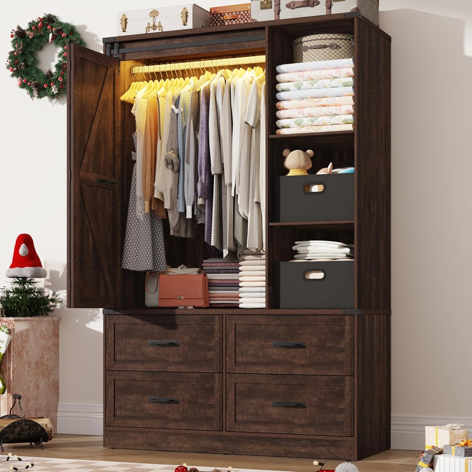 Farmhouse 6 Doors/4 Doors/3 Doors Armoire Wardrobe Closet w/Folding Sliding Barn Door and Lights, LED Armoire Closet w/Drawers for Bedroom, Freestanding Wooden Wardrobe Storage Closets w/Hanging Rod (Antique White/Rustic Brown/Black)