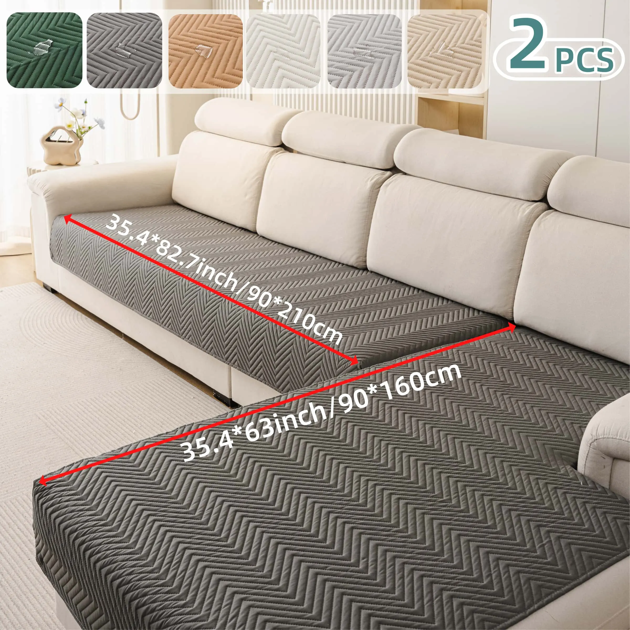 2 PCS Waterproof  Sofa cover, Thick Quilted Non-Slip Couch Seat Covers, Soft Couch Protector, Pet-Friendly Washable Sofa Protector for Living Room，Large Size Sectional Sofa Pads for Chaise & L-Shaped Sofa, Washable Dustproof Sofa Slipcover